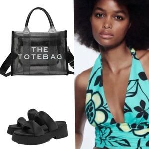 Zara Aqua and Black Crop Top Size M